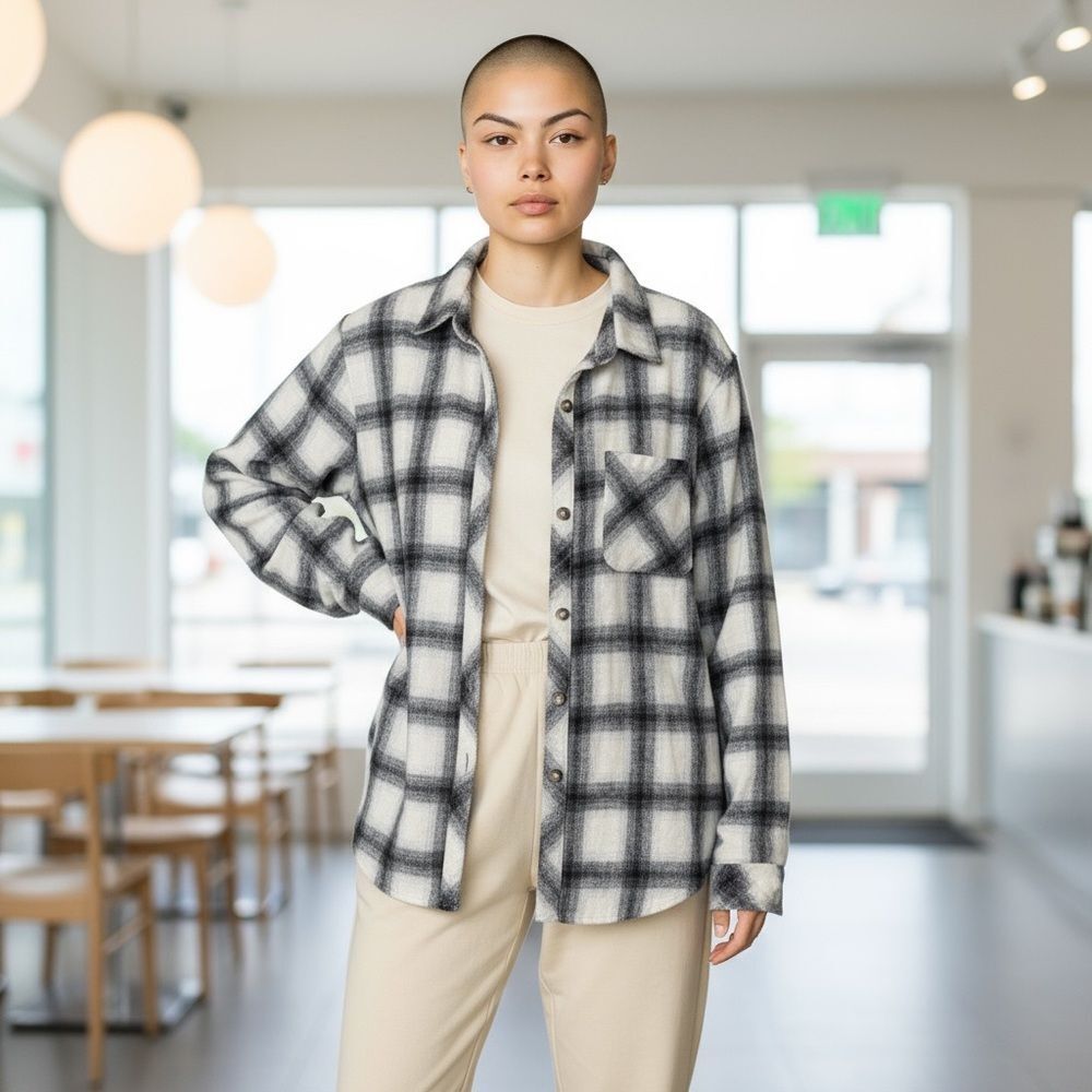 WHITE FOX boutique Black and White Plaid Button-Up Shirt Jacket small / medium